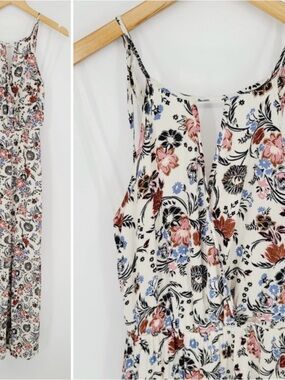 American Eagle Outfitters Cream Floral Maxi Jumpsuit with Pink & Blue Accents